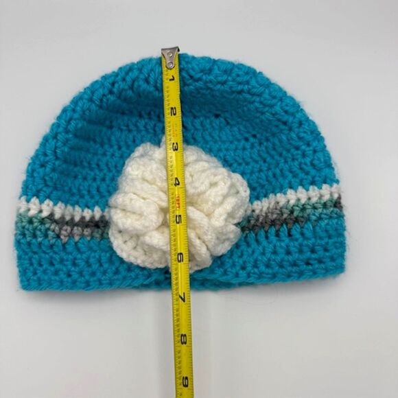 Handmade Women’s Blue Crochet Beanie White Flower Stripe Winter Hat Grannycore - Picture 5 of 9
